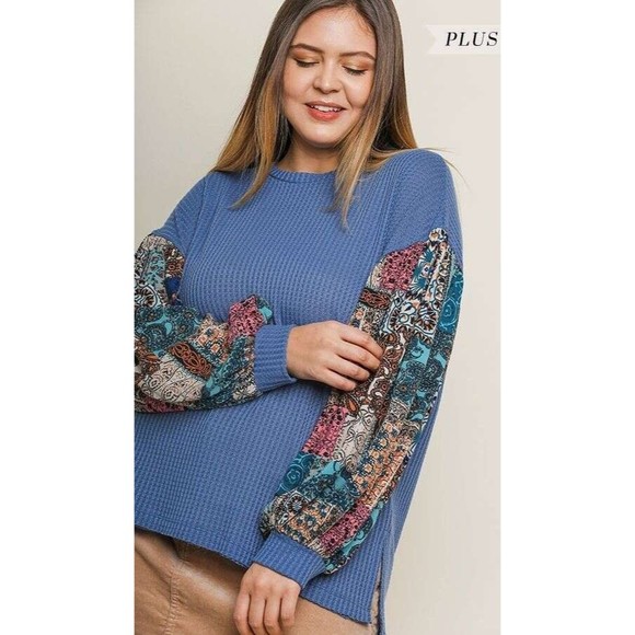 New UMGEE XL 1XL Multicolor Floral Long Puff Sleeve Blue Waffle Knit Top - Picture 1 of 6